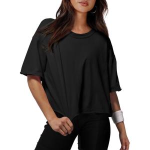 XIEERDUO Cotton Tshirts for Women Drop Shoulder Round Neck Oversized Crop Tops Workout Tops Tees(A Black)