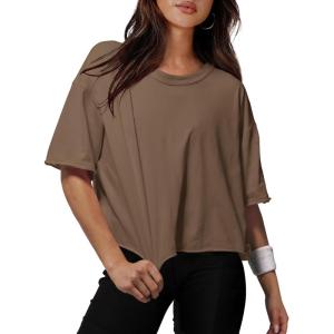 XIEERDUO Cotton Tshirts for Women Drop Shoulder Round Neck Oversized Crop Tops Workout Tops Tees(Brown)