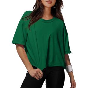 XIEERDUO Cotton Tshirts for Women Drop Shoulder Round Neck Oversized Crop Tops Workout Tops Tees(Green)