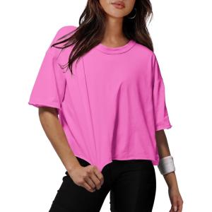 XIEERDUO Cotton Tshirts for Women Drop Shoulder Round Neck Oversized Crop Tops Workout Tops Tees(Hot Pink)