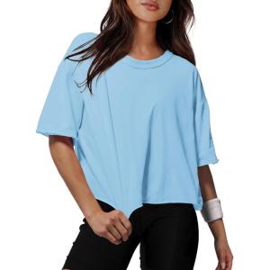 XIEERDUO Cotton Tshirts for Women Drop Shoulder Round Neck Oversized Crop Tops Workout Tops Tees(Light Blue)