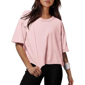 XIEERDUO Cotton Tshirts for Women Drop Shoulder Round Neck Oversized Crop Tops Workout Tops Tees(Pink)