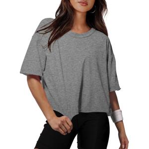 XIEERDUO Cotton Tshirts for Women Drop Shoulder Round Neck Oversized Crop Tops Workout Tops Tees(Pure Grey)