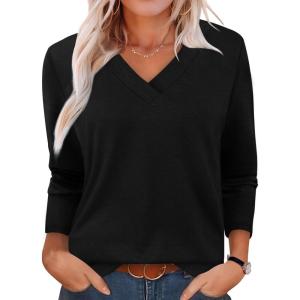 XIEERDUO Long Sleeve Shirts for Women V Neck Fall Tops Basic Tunic Tops Loose Fit Dressy 2025(Black)