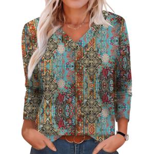 XIEERDUO Long Sleeve Shirts for Women V Neck Fall Tops Basic Tunic Tops Loose Fit Dressy 2025(Boho Floral)