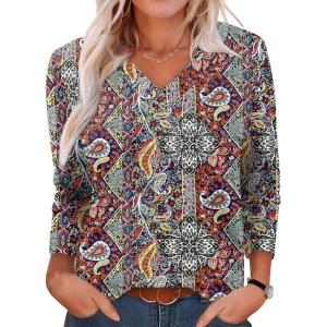 XIEERDUO Long Sleeve Shirts for Women V Neck Fall Tops Basic Tunic Tops Loose Fit Dressy 2025(Boho Flower)