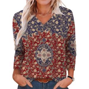 XIEERDUO Long Sleeve Shirts for Women V Neck Fall Tops Basic Tunic Tops Loose Fit Dressy 2025(Boho Print)