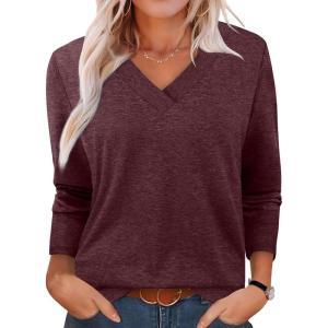XIEERDUO Long Sleeve Shirts for Women V Neck Fall Tops Basic Tunic Tops Loose Fit Dressy 2025(Burgundy)