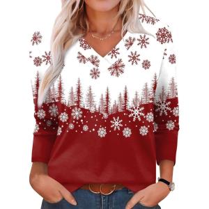 XIEERDUO Long Sleeve Shirts for Women V Neck Fall Tops Basic Tunic Tops Loose Fit Dressy 2025(Christmas Print)