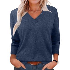 XIEERDUO Long Sleeve Shirts for Women V Neck Fall Tops Basic Tunic Tops Loose Fit Dressy 2025(Dark Blue)