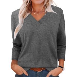 XIEERDUO Long Sleeve Shirts for Women V Neck Fall Tops Basic Tunic Tops Loose Fit Dressy 2025(Grey)