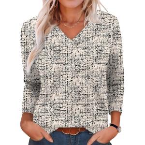 XIEERDUO Long Sleeve Shirts for Women V Neck Fall Tops Basic Tunic Tops Loose Fit Dressy 2025(Patterned-apricot Print)
