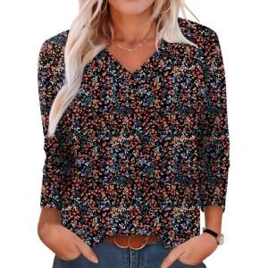 XIEERDUO Long Sleeve Shirts for Women V Neck Fall Tops Basic Tunic Tops Loose Fit Dressy 2025(Patterned-black Floral)