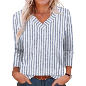XIEERDUO Long Sleeve Shirts for Women V Neck Fall Tops Basic Tunic Tops Loose Fit Dressy 2025(Patterned-blue Stripe)