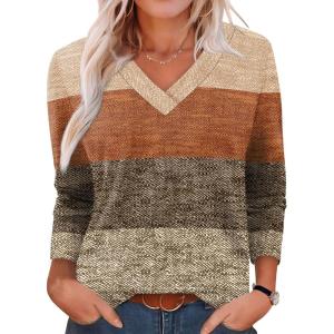 XIEERDUO Long Sleeve Shirts for Women V Neck Fall Tops Basic Tunic Tops Loose Fit Dressy 2025(Patterned-brown Print)
