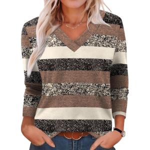XIEERDUO Long Sleeve Shirts for Women V Neck Fall Tops Basic Tunic Tops Loose Fit Dressy 2025(Patterned-brown Stripe)