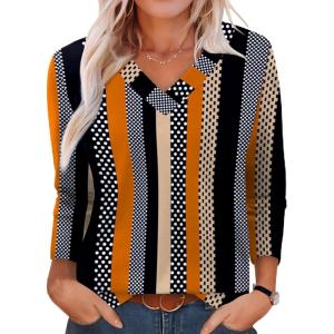 XIEERDUO Long Sleeve Shirts for Women V Neck Fall Tops Basic Tunic Tops Loose Fit Dressy 2025(Patterned-khaki Stripe)