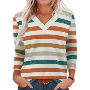 XIEERDUO Long Sleeve Shirts for Women V Neck Fall Tops Basic Tunic Tops Loose Fit Dressy 2025(Patterned-multicolor Stripe)
