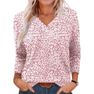 XIEERDUO Long Sleeve Shirts for Women V Neck Fall Tops Basic Tunic Tops Loose Fit Dressy 2025(Patterned-pink Leopard)