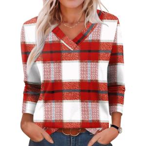 XIEERDUO Long Sleeve Shirts for Women V Neck Fall Tops Basic Tunic Tops Loose Fit Dressy 2025(Patterned-red Plaid)