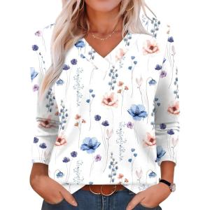 XIEERDUO Long Sleeve Shirts for Women V Neck Fall Tops Basic Tunic Tops Loose Fit Dressy 2025(Patterned-white Floral)