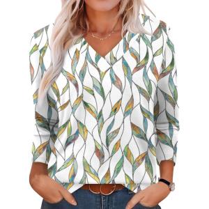 XIEERDUO Long Sleeve Shirts for Women V Neck Fall Tops Basic Tunic Tops Loose Fit Dressy 2025(Patterned-white Print)