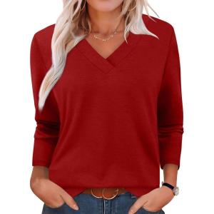 XIEERDUO Long Sleeve Shirts for Women V Neck Fall Tops Basic Tunic Tops Loose Fit Dressy 2025(Red)