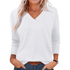 XIEERDUO Long Sleeve Shirts for Women V Neck Fall Tops Basic Tunic Tops Loose Fit Dressy 2025(White)
