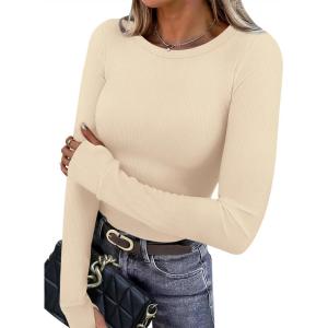 XIEERDUO Long Sleeve Thermal Shirt for Women Fleece Slim Fit Tops Crewneck Basic T-Shirts with Thumb Holes Fall Fashion 2025(Beige)
