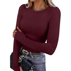 XIEERDUO Long Sleeve Thermal Shirt for Women Fleece Slim Fit Tops Crewneck Basic T-Shirts with Thumb Holes Fall Fashion 2025(Burgundy)