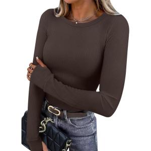 XIEERDUO Long Sleeve Thermal Shirt for Women Fleece Slim Fit Tops Crewneck Basic T-Shirts with Thumb Holes Fall Fashion 2025(Chocolate Brown)