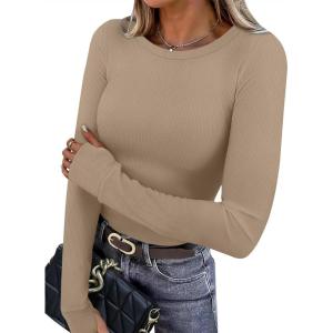 XIEERDUO Long Sleeve Thermal Shirt for Women Fleece Slim Fit Tops Crewneck Basic T-Shirts with Thumb Holes Fall Fashion 2025(Khaki)