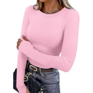 XIEERDUO Long Sleeve Thermal Shirt for Women Fleece Slim Fit Tops Crewneck Basic T-Shirts with Thumb Holes Fall Fashion 2025(Light Pink)