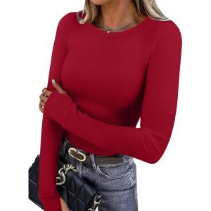 XIEERDUO Long Sleeve Thermal Shirt for Women Fleece Slim Fit Tops Crewneck Basic T-Shirts with Thumb Holes Fall Fashion 2025(Red)
