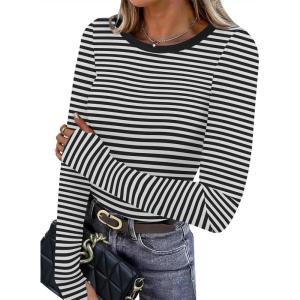 XIEERDUO Long Sleeve Thermal Shirt for Women Fleece Slim Fit Tops Crewneck Basic T-Shirts with Thumb Holes Fall Fashion 2025(Stripe-black & White)