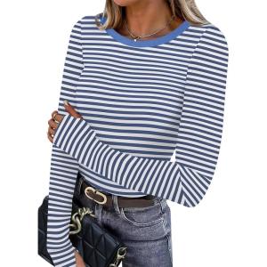 XIEERDUO Long Sleeve Thermal Shirt for Women Fleece Slim Fit Tops Crewneck Basic T-Shirts with Thumb Holes Fall Fashion 2025(Stripe-blue & White)