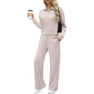 XIEERDUO Lounge Sets for Women 2025 Sweatsuit 2 Piece Outfits Sweatshirt Wide Leg Sweatpant Tracksuit Matching Set(Apricot)