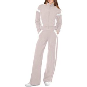 XIEERDUO Lounge Sets for Women 2025 Sweatsuit 2 Piece Outfits Sweatshirt Wide Leg Sweatpant Tracksuit Matching Set(Apricot+white)