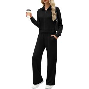 XIEERDUO Lounge Sets for Women 2025 Sweatsuit 2 Piece Outfits Sweatshirt Wide Leg Sweatpant Tracksuit Matching Set(Black)