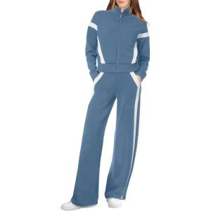 XIEERDUO Lounge Sets for Women 2025 Sweatsuit 2 Piece Outfits Sweatshirt Wide Leg Sweatpant Tracksuit Matching Set(Blue+white)