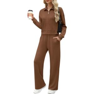 XIEERDUO Lounge Sets for Women 2025 Sweatsuit 2 Piece Outfits Sweatshirt Wide Leg Sweatpant Tracksuit Matching Set(Coffee Brown)
