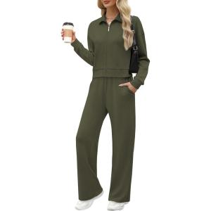 XIEERDUO Lounge Sets for Women 2025 Sweatsuit 2 Piece Outfits Sweatshirt Wide Leg Sweatpant Tracksuit Matching Set(Dark Green)