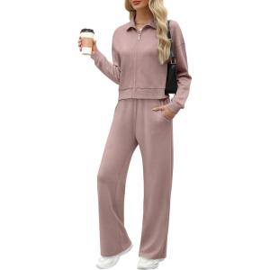 XIEERDUO Lounge Sets for Women 2025 Sweatsuit 2 Piece Outfits Sweatshirt Wide Leg Sweatpant Tracksuit Matching Set(Dark Pink)