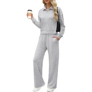 XIEERDUO Lounge Sets for Women 2025 Sweatsuit 2 Piece Outfits Sweatshirt Wide Leg Sweatpant Tracksuit Matching Set(Light Grey)