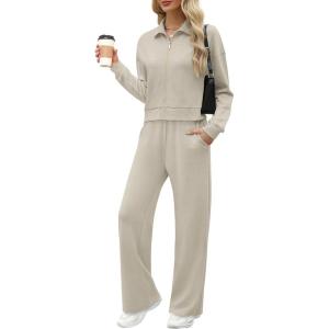 XIEERDUO Lounge Sets for Women 2025 Sweatsuit 2 Piece Outfits Sweatshirt Wide Leg Sweatpant Tracksuit Matching Set(Light Khaki)