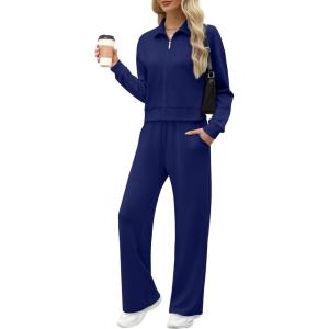 XIEERDUO Lounge Sets for Women 2025 Sweatsuit 2 Piece Outfits Sweatshirt Wide Leg Sweatpant Tracksuit Matching Set(Navy Blue)
