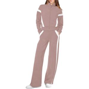 XIEERDUO Lounge Sets for Women 2025 Sweatsuit 2 Piece Outfits Sweatshirt Wide Leg Sweatpant Tracksuit Matching Set(Pink+white)