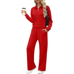 XIEERDUO Lounge Sets for Women 2025 Sweatsuit 2 Piece Outfits Sweatshirt Wide Leg Sweatpant Tracksuit Matching Set(Red)