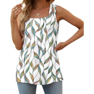 XIEERDUO Summer Tank Tops for Women Square Neck Loose Fit Casual Fashion Flowy Sleeveless(01b-colorful Leaves)