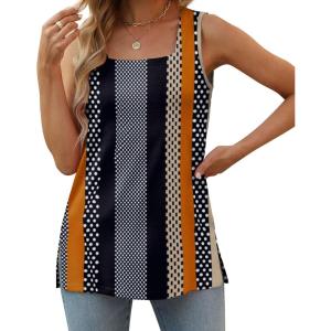 XIEERDUO Summer Tank Tops for Women Square Neck Loose Fit Casual Fashion Flowy Sleeveless(01-black Orange Multi)